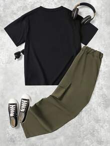 Coolqubz 2pcs/Set Teens' Loose Fit Round Neck Stylish Lion Graphic Pullover & Straight Leg Casual Pants Set,Unisex - Black - View 2