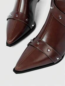 ROMWE Grunge Punk 女士时尚通勤搭扣中筒高跟靴 - 棕色 - 查看 2