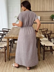 Weeklong Vestido holgado con cintura ceñida y abertura, para mujer talla grande, para vacaciones, primavera/verano - Marrón - Ver 2