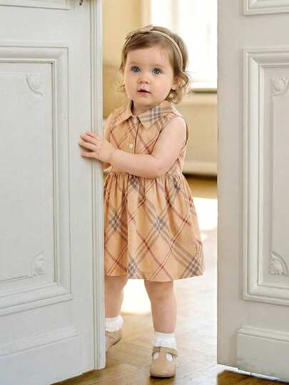 Souflis Souflis 法式新款女童轻薄格子卡其色polo领无袖可爱甜美休闲连衣裙，适合夏季购物和户外玩耍