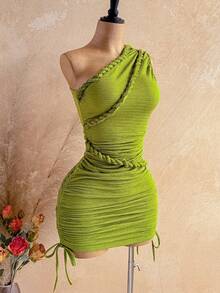 SHEIN WYWH 新款度假风扭肩修身抽绳迷你连衣裙，波西米亚风，度假风，秋季女装，复古风，假日风 - 綠色 - 查看 3