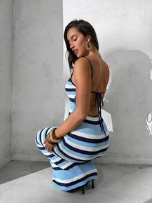 Aloruh Women's Spring/Summer New Knitted Crochet Dress, Criss-Cross Backless Striped Bohemian Vacation Dress, Elegant Dress - Blue - View 3