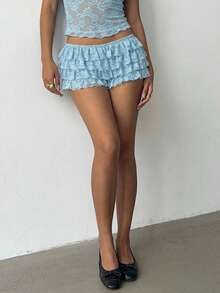 Aloruh Quần short nữ gợi cảm phong cách Punk Rock Bohemian Y2K với ren đen xếp nếp ở gấu quần, quần short cạp siêu thấp bằng ren mới. - Màu xanh lam - Xem 6