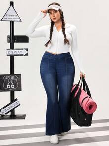 Flexra Quần jeans ống loe cạp trễ bất đối xứng cho nữ cỡ lớn - Rửa tối - Xem 5