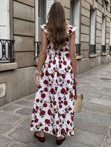 Pariaura Vestido elegante con estampado floral y cintura fruncida para fiesta - Rojo - Ver 2