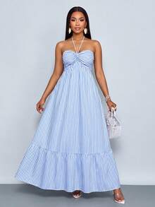 SOLERSUN 女士度假性感蓝白条纹露背打结前褶皱亚麻棉飘逸多层长裙，夏季休闲沙滩度假连衣裙（随机花卉图案） - 藍白色 - 查看 4