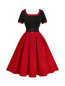 GlowEve CURVE 大码夏季休闲波点印花拼接短袖连衣裙 - 黑色 - 查看 1