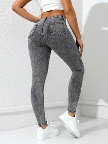 Flexra Women's Fashion Casual Washed Slant Pocket Skinny Jeans - Dark Grey - View 2