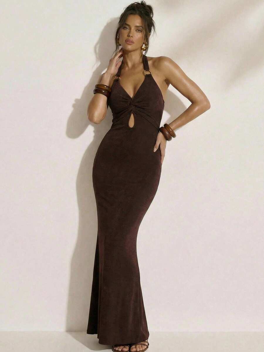 SHEIN BAE Vestido ajustado halter de unicolor con decoración de anillo para mujer - Marrón - Ver 1