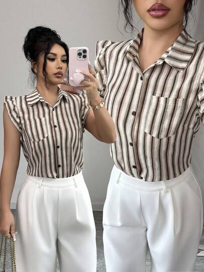 Elenzga Camisa de gasa a rayas casual para mujer con cuello, botones, mangas con volantes, adecuada para salidas de verano, citas, Año Nuevo, San Valentín, Pascua, Día de la Madre, festivales de música, bodas de Oriente Medio, elegante y vintage