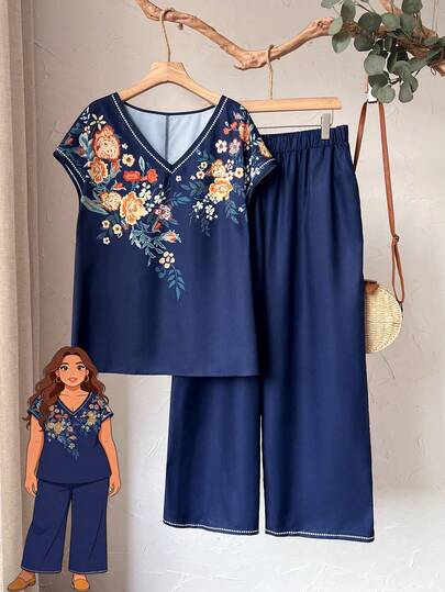 EMERY ROSE Conjunto de 2 piezas de blusa con cuello en V con estampado floral y pantalones de pierna ancha para mujer de talla grande