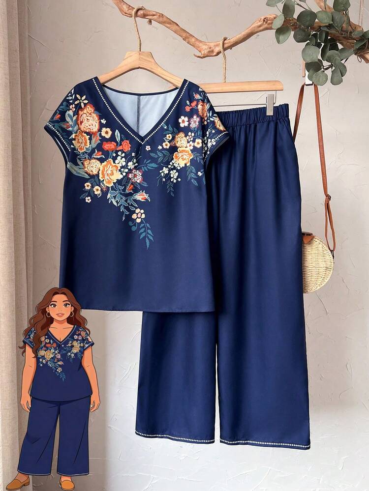 Plus Size Women Floral Print V-Neck Shirt And Wide Leg Pants 2-Piece Set For Summer/ Vacation Summer Outfits Summer Clothes  Spring  Spring Outfit Women Spring Clothes Country Style For Women