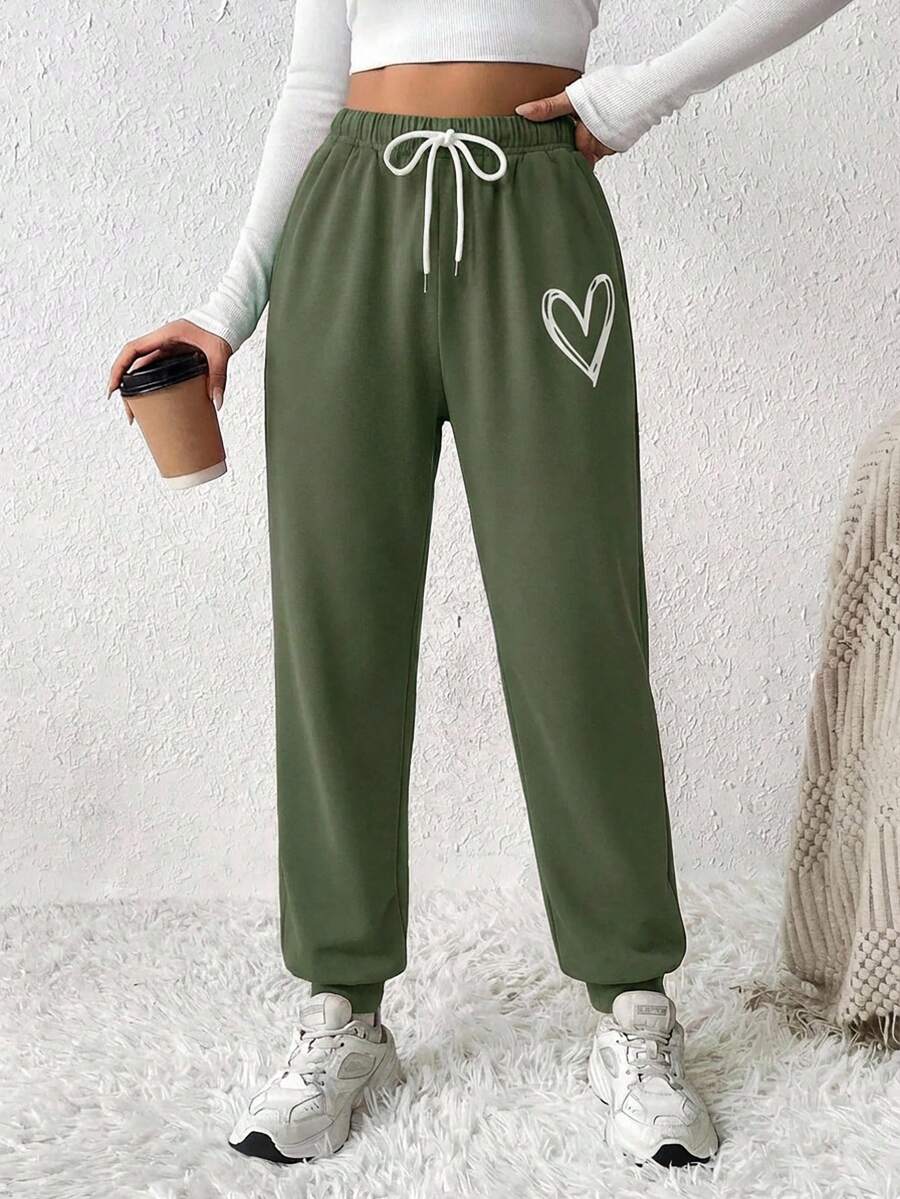 Plus Size Heart Print Drawstring Waist Jogger Pants - Army Green - View 1
