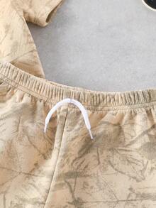 SHEIN Set de 2 piezas Camiseta de unicolor + Pantalones cortos casuales para niño pequeño, adecuado para uso diario, escuela, viajes, juegos al aire libre en verano - Camel - Ver 3