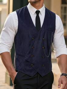 Manfinity Bizformal 男士休闲通勤双排扣西装背心 - 藏蓝色 - 查看 4