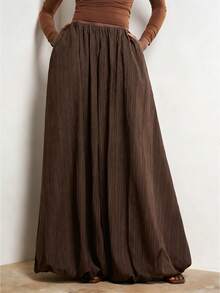 Zivah 2026春夏新款，适合情人节派对、婚礼、晚宴、约会、聚会、生日、学院风、学生装、日常出行、百搭、休闲、度假、邮轮旅行、海滩、日光浴、潮流、优雅、通勤、商务休闲等场合。女士高腰喇叭裤，白色竖条纹纹理面料，真口袋设计，春夏长裤，深棕色长裤，休闲裤，优雅长裤 - 摩卡棕 - 查看 1