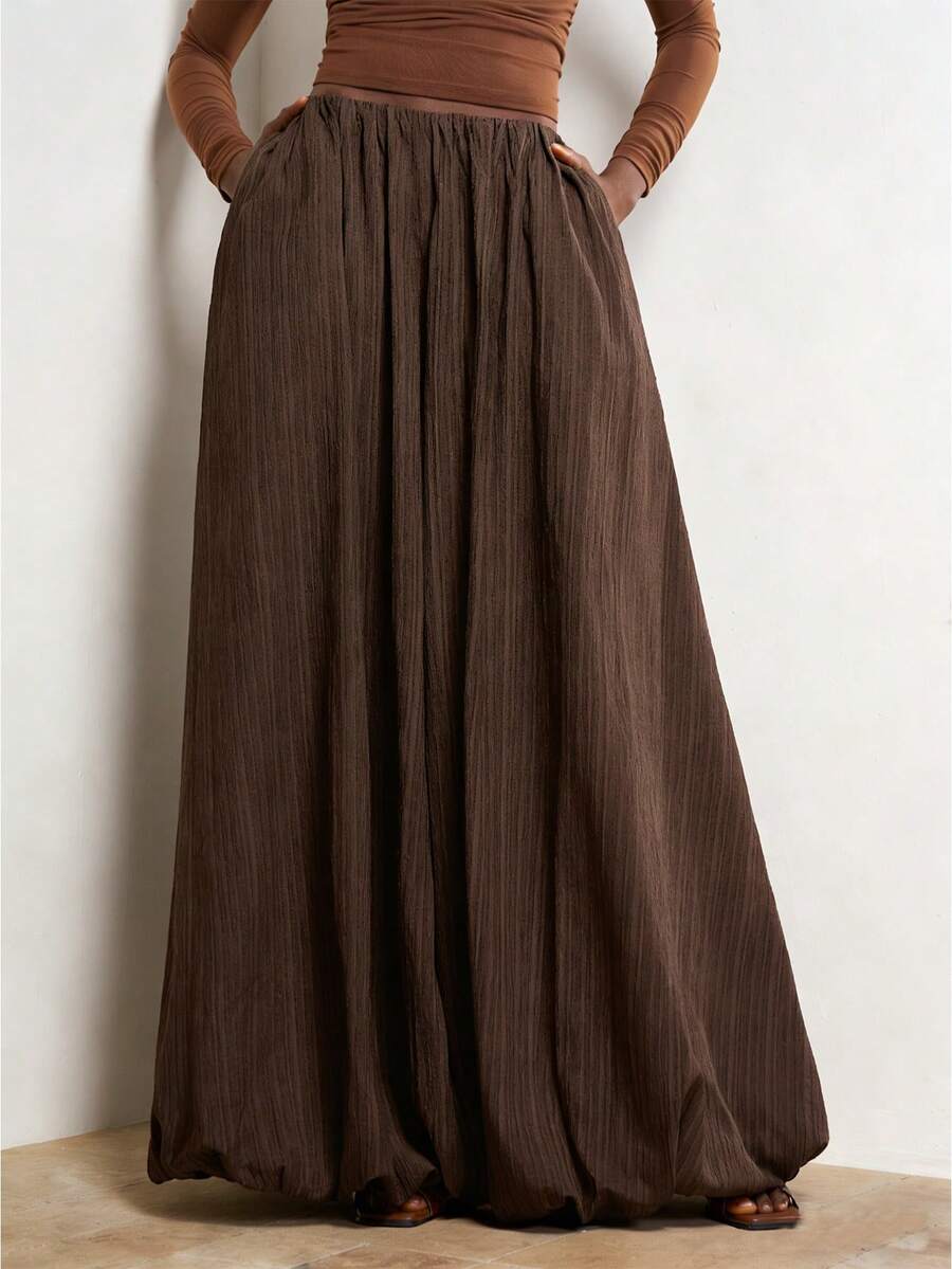 Zivah 2026春夏新款，适合情人节派对、婚礼、晚宴、约会、聚会、生日、学院风、学生装、日常出行、百搭、休闲、度假、邮轮旅行、海滩、日光浴、潮流、优雅、通勤、商务休闲等场合。女士高腰喇叭裤，白色竖条纹纹理面料，真口袋设计，春夏长裤，深棕色长裤，休闲裤，优雅长裤 - 摩卡棕 - 查看 1