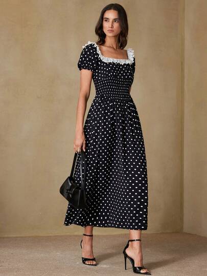 Aveloria Rosie Women's Polka Dot Lace Elegant Waist Cinching Long Petal Sleeve Party Dress