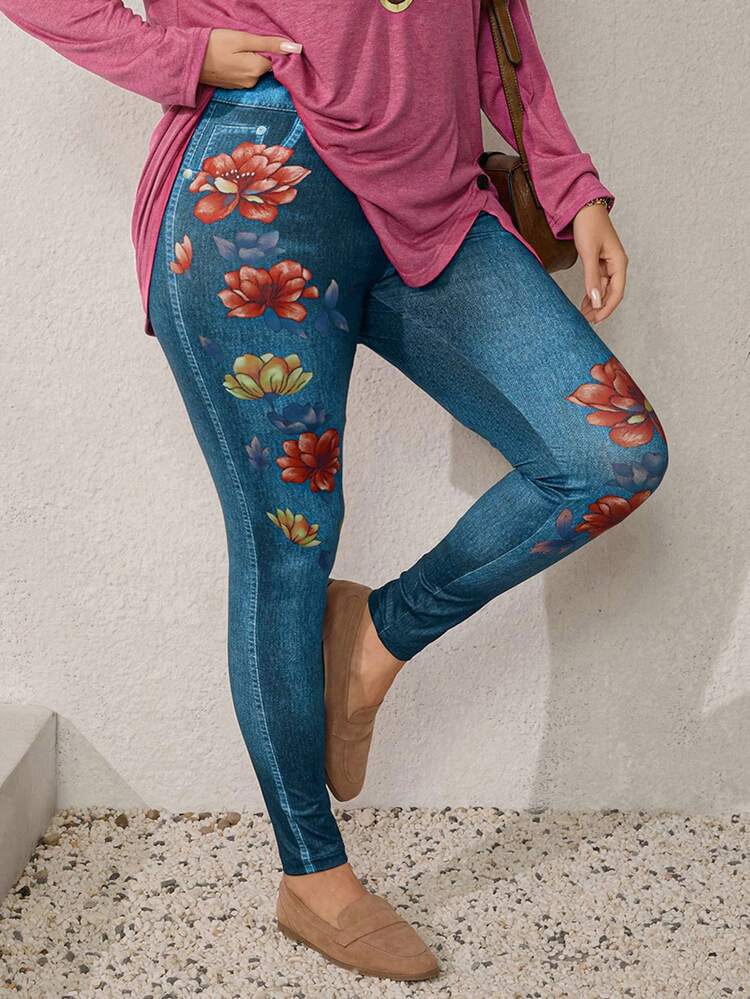 Plus Size Women's Summer Casual Vacation Floral Print High Stretch Faux Denim Print Leggings, Versatile For Daily Wear,Spring Break Outfits ,Vacation Outfits Women ,Holiday Outfits For Women,Going Out Outfits,2026 New Clothes,Simple And Fashionable For Everyday Wear, Jeggings For Women,Suitable For Summer, Vacation, Commute, Daily Wear
