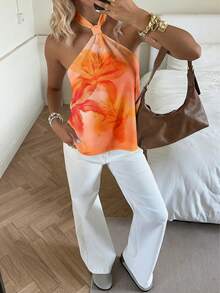 SHEIN EZwear 橙色芙蓉花印花女士吊带上衣，休闲简约度假风，春夏海滩巡航波西米亚西部风情节日海岛女孩复古海滨浪漫度假氛围春假可爱居家柔美女孩洁净女孩音乐节演唱会婚礼宾客城市旅行优雅假日装 - 彩色 - 查看 3