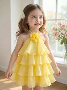 Babygirl Cute & Elegant Yellow Ruffle Floral Sleeveless Dress Spring Baby Dresses Vestidos Elegantes Para Fiesta - Black - View 3
