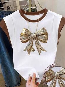 Resyla 女士休闲通勤水钻仿珍珠蝴蝶结印花圆领短袖T恤，夏季 - 白色 - 查看 1