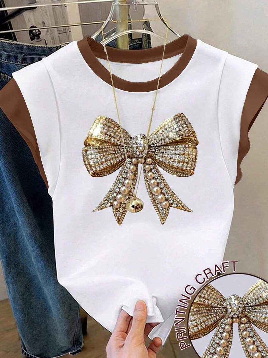 Resyla 女士休闲通勤水钻仿珍珠蝴蝶结印花圆领短袖T恤，夏季 - 白色 - 查看 1