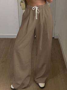 DAZY Women's Loose Straight Leg Pants With Elastic Waist And Drawstring, Casual, Summer - Brown - View 4