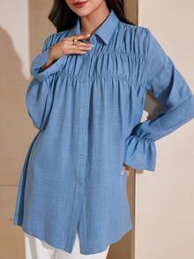 Graceveil 优雅女士荷叶边宽松休闲长袖衬衫，甜美百搭 - 藍色 - 查看 2