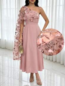 Modelyn Women's Elegant Sequin Embroidered One-Shoulder Summer Dress Party Dress - Pink - View 3