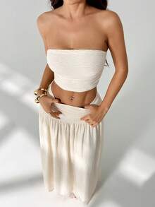 SHEIN PETITE 女士斑马纹网纱抹胸上衣和长裙套装，适合日常穿着和度假 - 杏色 - 查看 1