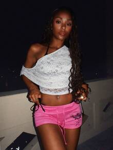 EgrlEra Women's Fashionable Knit Pink Printed Drawstring Shorts - Pink - View 7