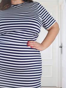 Pretty and Ole 2pcs/Set Women Plus Size Casual Vacation T-Shirt And Striped Maxi Dress, Spring/Summer - Navy Blue - View 3
