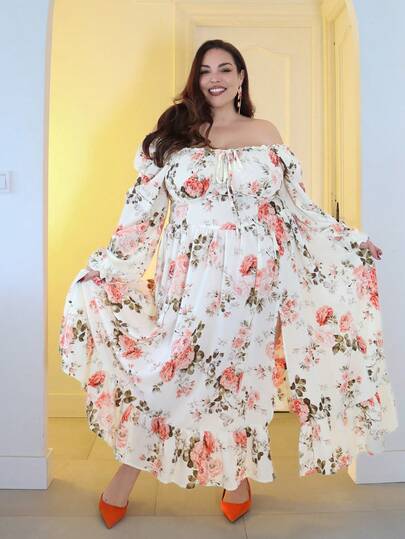 Pretty and Ole 万圣节加大码女士优雅法式时尚个性化荷叶边泡泡袖修身长裙，适合日常穿着、外出、通勤，秋季女装