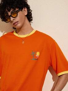 Felipe Marques Men's Animal & Plant Print Short Sleeve Loose T-Shirt, Orange & Yellow, Casual For Spring, Summer, Vacation, Party, Beach - Orange - View 7