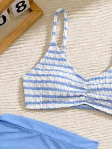 3件套女童蓝白针织纹理夏季沙滩条纹泳衣套装，度假休闲 - 藍色 - 查看 5