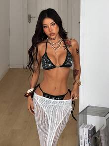 Coolane 女士春夏街头风外出音乐节派对科切拉迪斯科装扮时尚性感洞穴海滩度假装扮针织弹力舒适闪亮水钻钻石图案吊带黑色挂脖比基尼上衣和内裤，2件套 - 黑色 - 查看 6