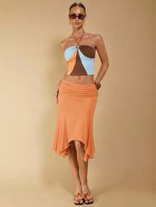 COSMINA Women's Elegant Asymmetrical Ruched Brown Skirt, Suitable For Spring And Summer Vacation - Orange - View 4