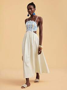 Travachic 花卉刺绣优雅露背度假吊带连衣裙，夏季连衣裙，夏季服装，女士夏季连衣裙，女士优雅连衣裙，女士度假服装，沙滩连衣裙，白色连衣裙，女士休闲连衣裙，节日连衣裙 - 杏色 - 查看 5