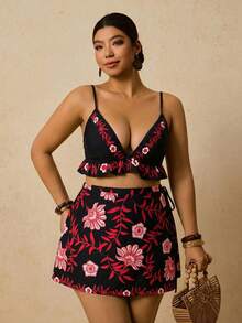 Travachic Plus Size Women Summer Floral Print Shorts Set, Camisole Top With Ruffle Hem Paired With Wrap Skort 2-Piece Outfit - Black - View 5