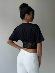 Aloruh Women's Sexy Deep V-Neck Loose Top With Tight Waist Ruched Lace Patchwork T-Shirt, Spring/Summer,Summer Top - Black - View 2