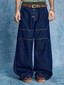 ROMWE MEN Men's Casual Washed Metal Buckle Wide Leg Jeans - Black - View 5