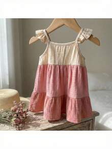 Loomiva Newborn Baby Girl Contrast Color Round Neck Ruffle Waist Dress, Versatile & Comfortable,Kids - Multicolor - View 5