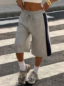 Muchica 女士夏季新款灰色拼接宽松百慕大短裤 - 灰色 - 查看 1