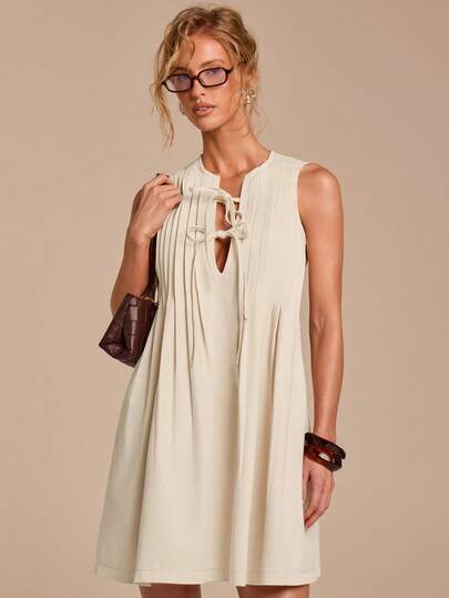 COSMINA Women's Sleeveless Ruched Tie Waist Denim Dress, Casual Summer Outfit, Apricot Denim Dress, Loose Fit