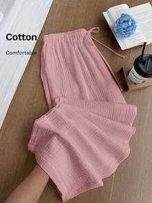 Comfortcana 夏季纯色褶皱纹理面料宽松抽绳腰带休闲度假阔腿裤，大码 - 淺粉色 - 查看 1