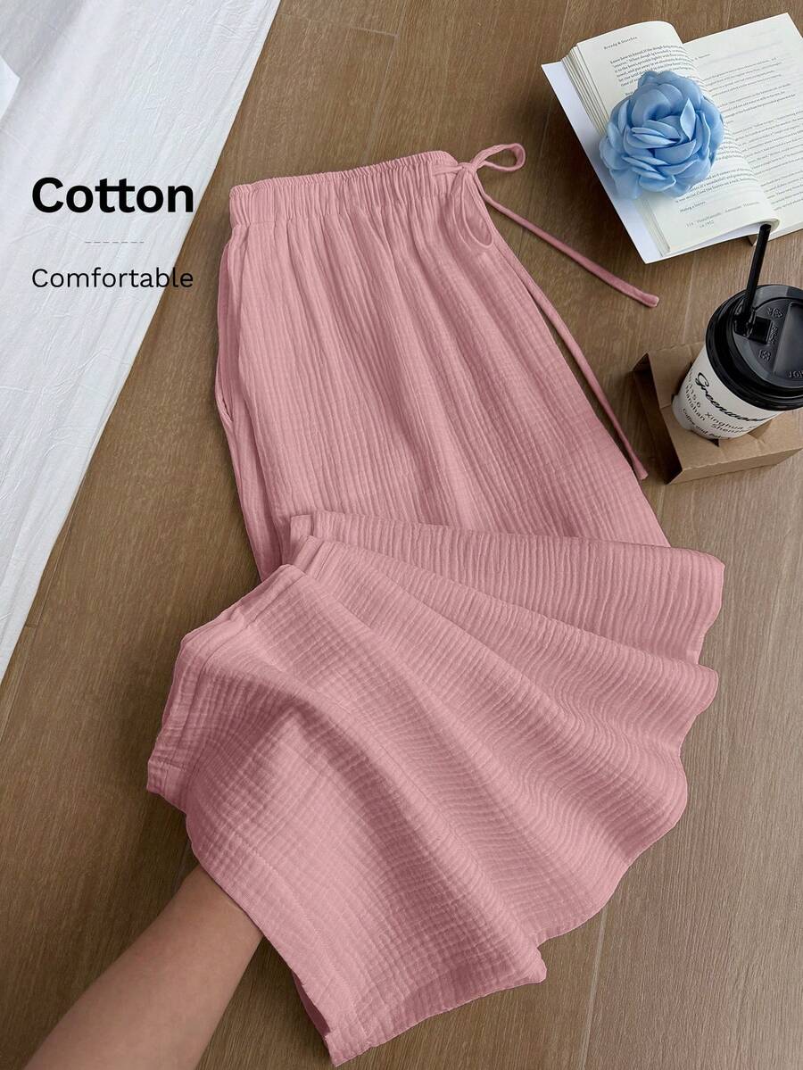 Comfortcana 夏季纯色褶皱纹理面料宽松抽绳腰带休闲度假阔腿裤，大码 - 淺粉色 - 查看 1