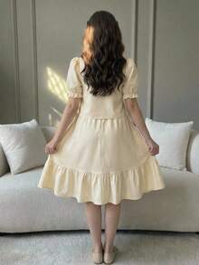 Teen Girl Spring/Summer Elegant Fitted Puff Short Sleeve Blouse & Delicate Rhinestone Patchwork Tiered Skirt Set, Apricot, Suitable For Wedding Season, Day Party, Gathering, KIDS - Apricot - View 4