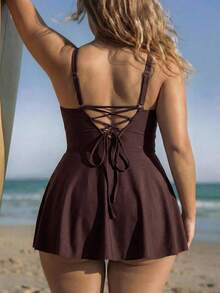 Swim SPRTY Áo tắm liền thân cỡ lớn, màu trơn, buộc dây phía trước, thích hợp cho kỳ nghỉ và đi biển. - Cà phê nâu - Xem 2