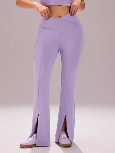 Sovereign Charm Women's Solid Color V-Waist Split Hem Casual Flare Pants, Sports Trousers